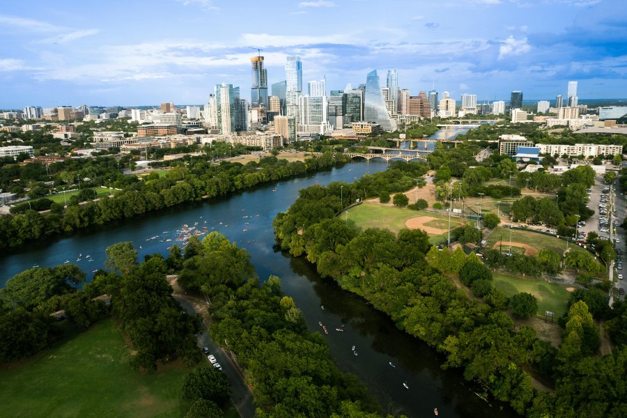 Aerial View of Austin Skyline with Colorado River